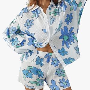 Y2K plisse floral summer two-piece set